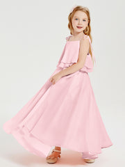 Robes de Demoiselle d'Honneur Junior en Mousseline avec Nœud Papillon Rose Pâle