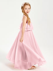 Robes de Demoiselle d'Honneur Junior en Mousseline avec Nœud Papillon Rose Pâle