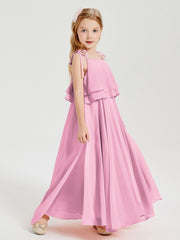 Robes de Demoiselle d'Honneur Junior en Mousseline avec Nœud Papillon Rose Bonbon