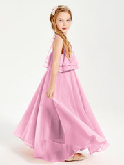 Robes de Demoiselle d'Honneur Junior en Mousseline avec Nœud Papillon Rose Bonbon