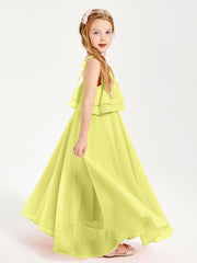 Robes de Demoiselle d'Honneur Junior en Mousseline avec Nœud Papillon Jonquille