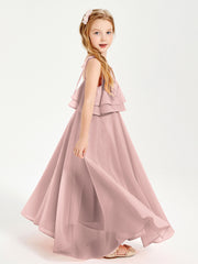 Robes de Demoiselle d'Honneur Junior en Mousseline avec Nœud Papillon Rose Poudré