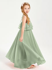 Robes de Demoiselle d'Honneur Junior en Mousseline avec Nœud Papillon Sauge Poudrée