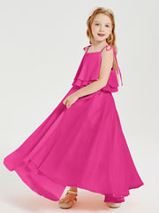 Robes de Demoiselle d'Honneur Junior en Mousseline avec Nœud Papillon Fuchsia
