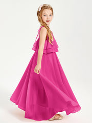 Robes de Demoiselle d'Honneur Junior en Mousseline avec Nœud Papillon Fuchsia