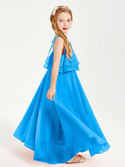 Robes de Demoiselle d'Honneur Junior en Mousseline avec Nœud Papillon Bleu Océan