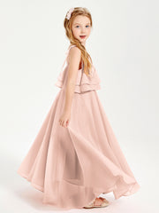 Robes de Demoiselle d'Honneur Junior en Mousseline avec Nœud Papillon Rose Perle