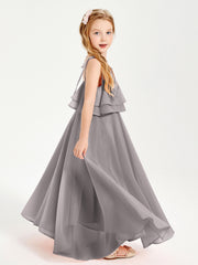 Robes de Demoiselle d'Honneur Junior en Mousseline avec Nœud Papillon Argent