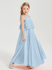 Robes de Demoiselle d'Honneur Junior en Mousseline avec Nœud Papillon Bleu Ciel