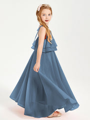 Robes de Demoiselle d'Honneur Junior en Mousseline avec Nœud Papillon Bleu de Schiste