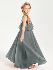 Robes de Demoiselle d'Honneur Junior en Mousseline avec Nœud Papillon Gris Acier