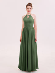 Robe de Demoiselles d'honneur Longue Licou Mousseline Olive Verte