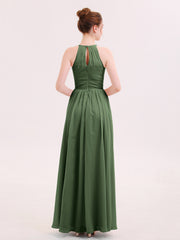 Robe de Demoiselles d'honneur Longue Licou Mousseline Olive Verte Grande Taille