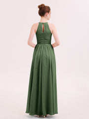 Robe de Demoiselles d'honneur Longue Licou Mousseline Olive Verte