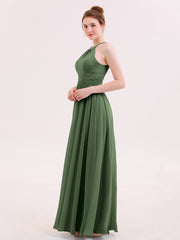 Robe de Demoiselles d'honneur Longue Licou Mousseline Olive Verte