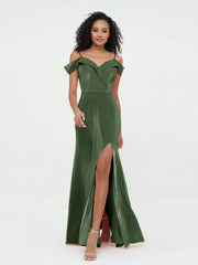Hors de l'Epaule Robes Longues en Velours avec Fente Olive Verte Grande Taille