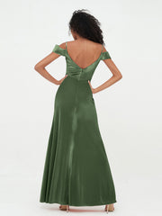 Hors de l'Epaule Robes Longues en Velours avec Fente Olive Verte Grande Taille