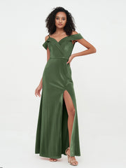 Hors de l'Epaule Robes Longues en Velours avec Fente Olive Verte Grande Taille