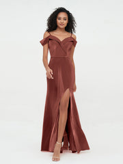 Hors de l'Epaule Robes Longues en Velours avec Fente terracotta