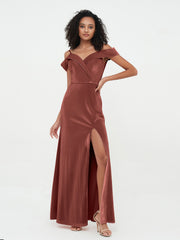 Hors de l'Epaule Robes Longues en Velours avec Fente terracotta Grande Taille