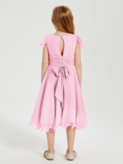 Robes de Demoiselle d'Honneur Junior en Mousseline à Longueur de Mollet Rose Bonbon