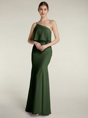 Une Épaule Sirène Robes Avec Fente Olive Verte Grande Taille