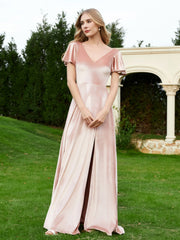 Robe en Velours à Col en V et Manches Flottantes avec Fente Rose Perle Grande Taille