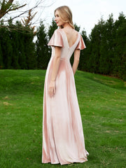 Robe en Velours à Col en V et Manches Flottantes avec Fente Rose Perle Grande Taille