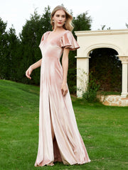 Robe en Velours à Col en V et Manches Flottantes avec Fente Rose Perle