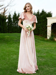 Robe en Velours à Col en V et Manches Flottantes avec Fente Rose Perle Grande Taille