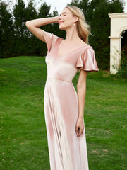 Robe en Velours à Col en V et Manches Flottantes avec Fente Rose Perle