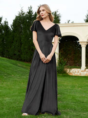 Robe en Velours à Col en V et Manches Flottantes avec Fente Noir Grande Taille