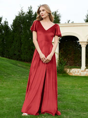Robe en Velours à Col en V et Manches Flottantes avec Fente Bordeaux Grande Taille