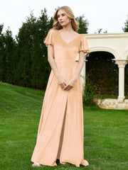 Robe en Velours à Col en V et Manches Flottantes avec Fente Champagne