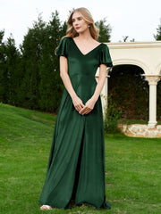 Robe en Velours à Col en V et Manches Flottantes avec Fente Vert Foncé