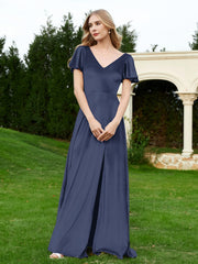 Robe en Velours à Col en V et Manches Flottantes avec Fente Bleu Marine