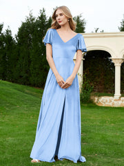 Robe en Velours à Col en V et Manches Flottantes avec Fente Bleu Poudré