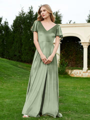 Robe en Velours à Col en V et Manches Flottantes avec Fente Sauge Poudrée