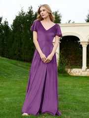 Robe en Velours à Col en V et Manches Flottantes avec Fente Raisin