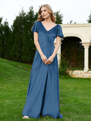 Robe en Velours à Col en V et Manches Flottantes avec Fente Bleu Encre