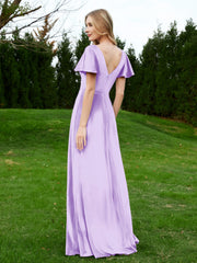 Robe en Velours à Col en V et Manches Flottantes avec Fente Lilas