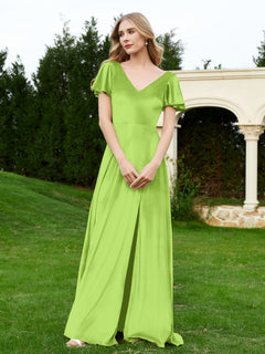 Robe en Velours à Col en V et Manches Flottantes avec Fente Vert Citron