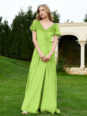 Robe en Velours à Col en V et Manches Flottantes avec Fente Vert Citron Grande Taille