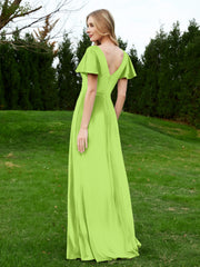 Robe en Velours à Col en V et Manches Flottantes avec Fente Vert Citron Grande Taille