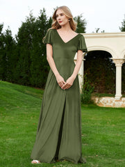 Robe en Velours à Col en V et Manches Flottantes avec Fente Olive Verte Grande Taille