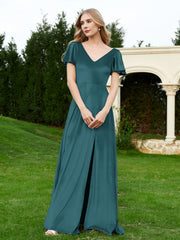 Robe en Velours à Col en V et Manches Flottantes avec Fente Paon