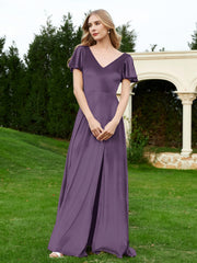 Robe en Velours à Col en V et Manches Flottantes avec Fente Plum Grande Taille
