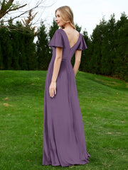Robe en Velours à Col en V et Manches Flottantes avec Fente Plum Grande Taille