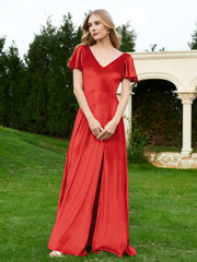 Robe en Velours à Col en V et Manches Flottantes avec Fente Rouge