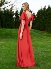 Robe en Velours à Col en V et Manches Flottantes avec Fente Rouge Grande Taille